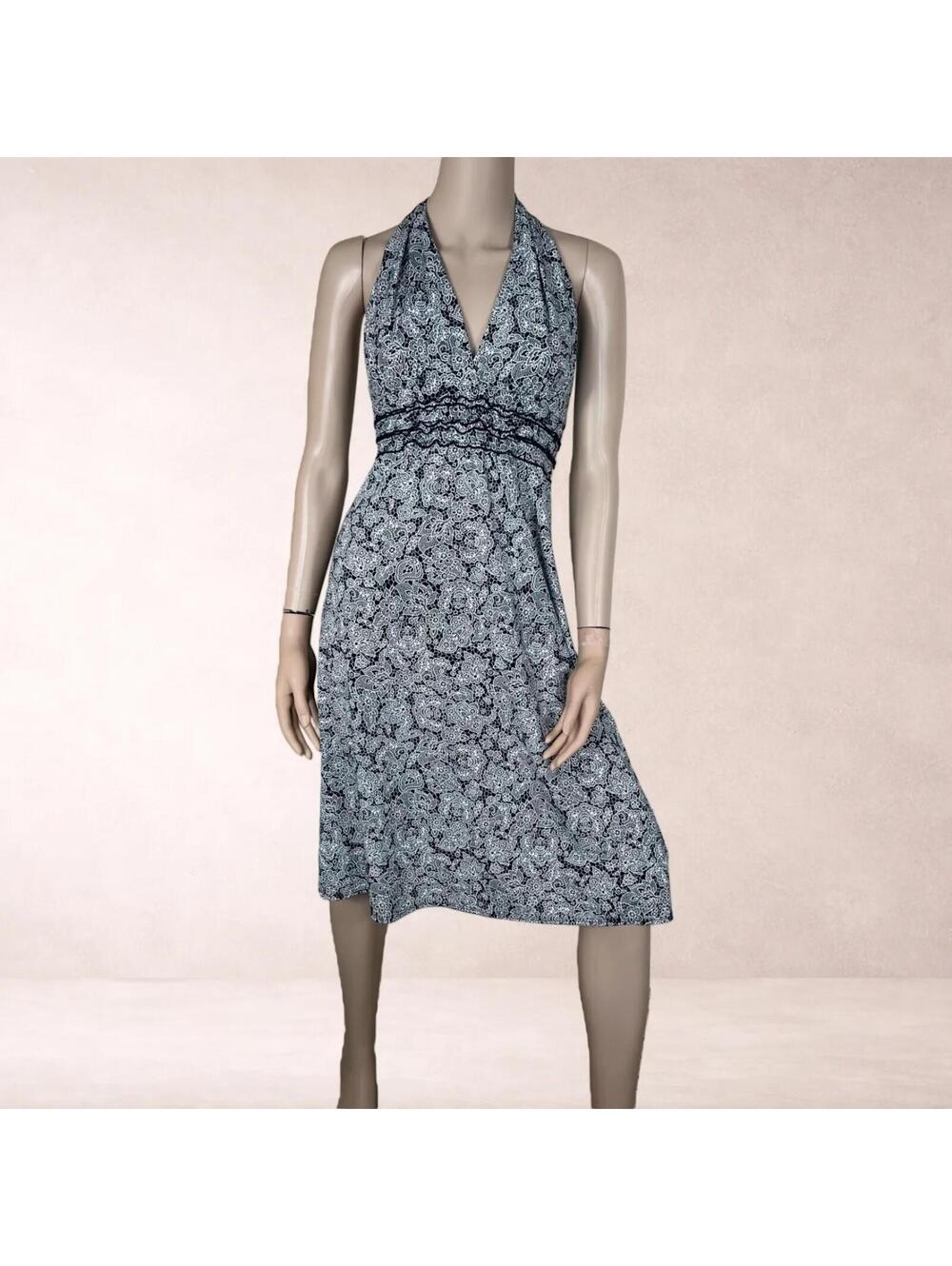 BCBG Black and White Floral Printed Jersey Halter Summer Dress